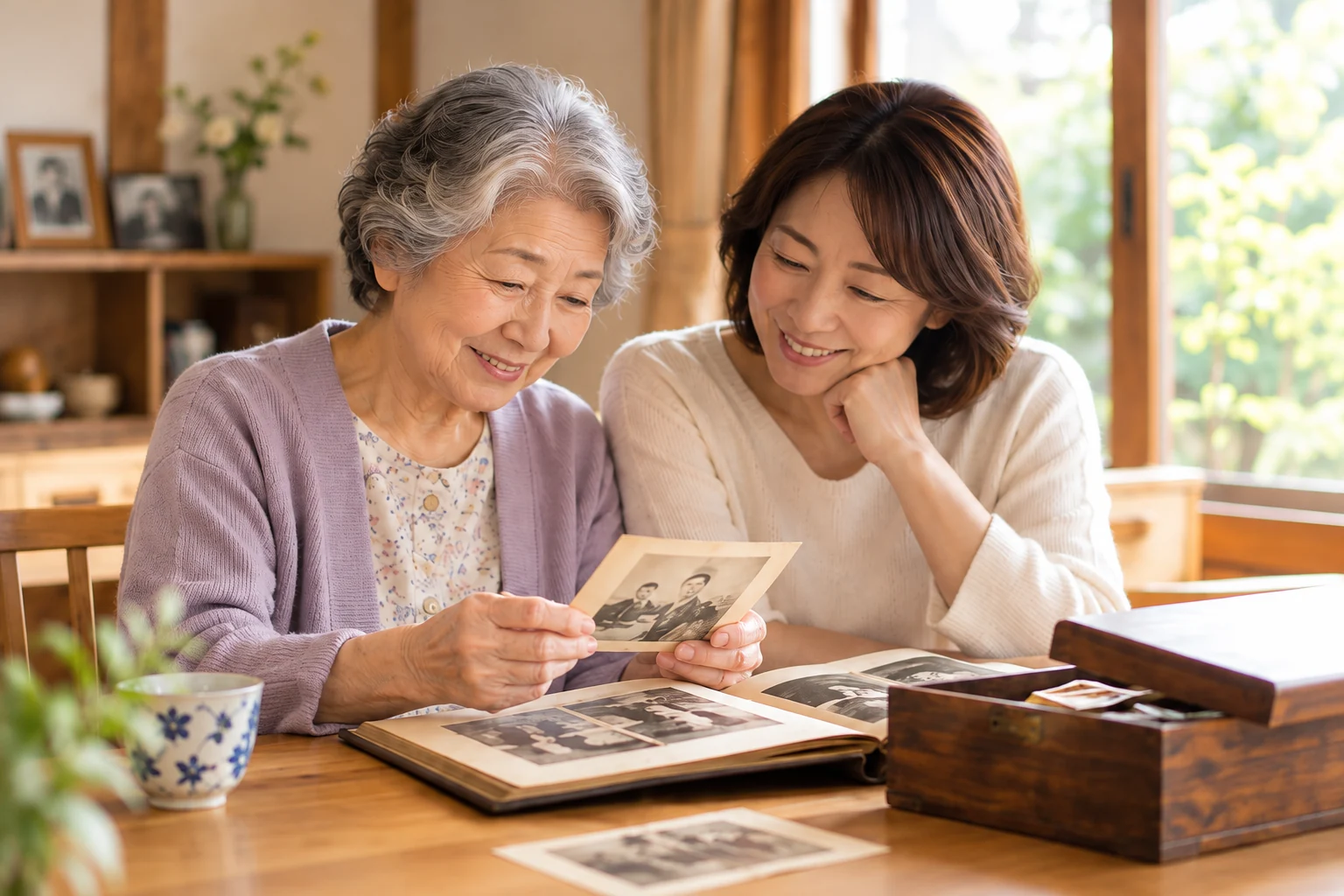 思い出の写真を一緒に見ながら、品物の整理を考える家族のイメージ