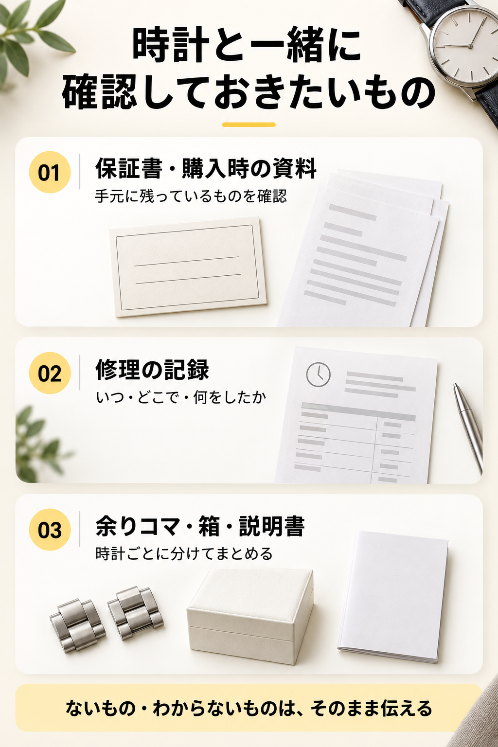 時計と一緒に確認する保証書・購入時の資料、修理の記録、余りコマ・箱・説明書