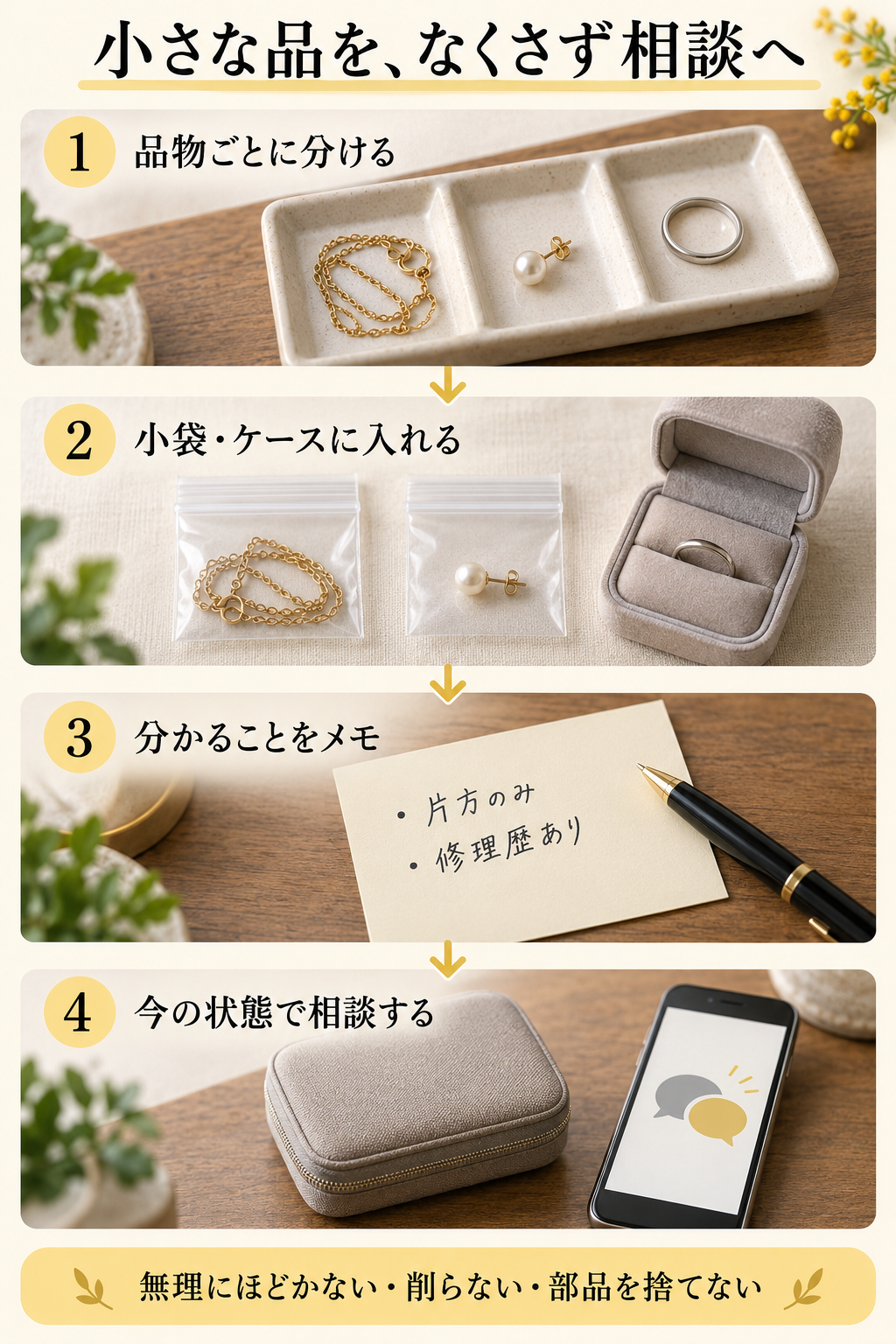 品物ごとに分け、小袋やケースへ入れ、分かることをメモして今の状態で相談する4段階