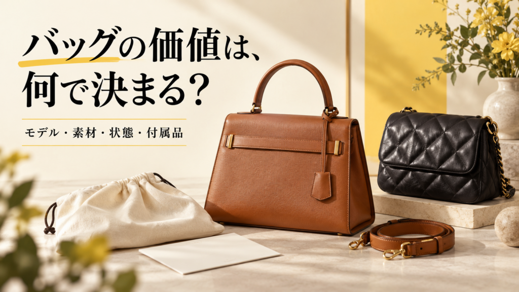 革のバッグと保存袋、ストラップ、購入時資料を並べた相談準備